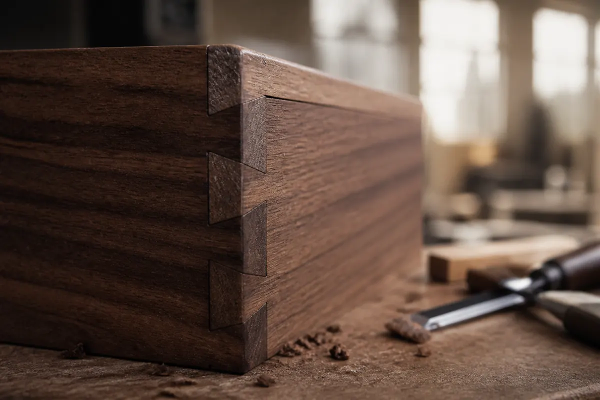 Hand-cut walnut joinery detail